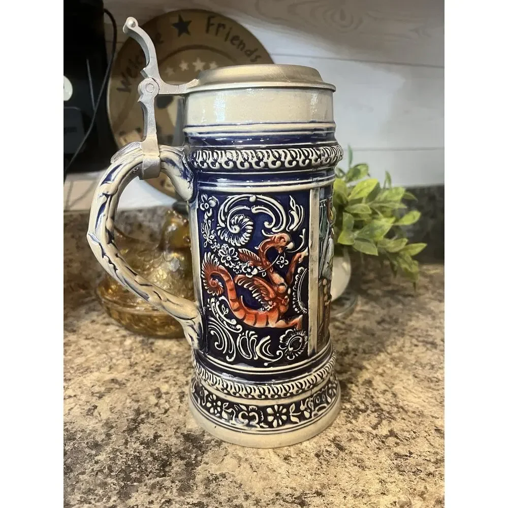 Vintage 9” Gertz German Beer Stein Mug Pewter Lid A Friendly Chat Tavern Scene